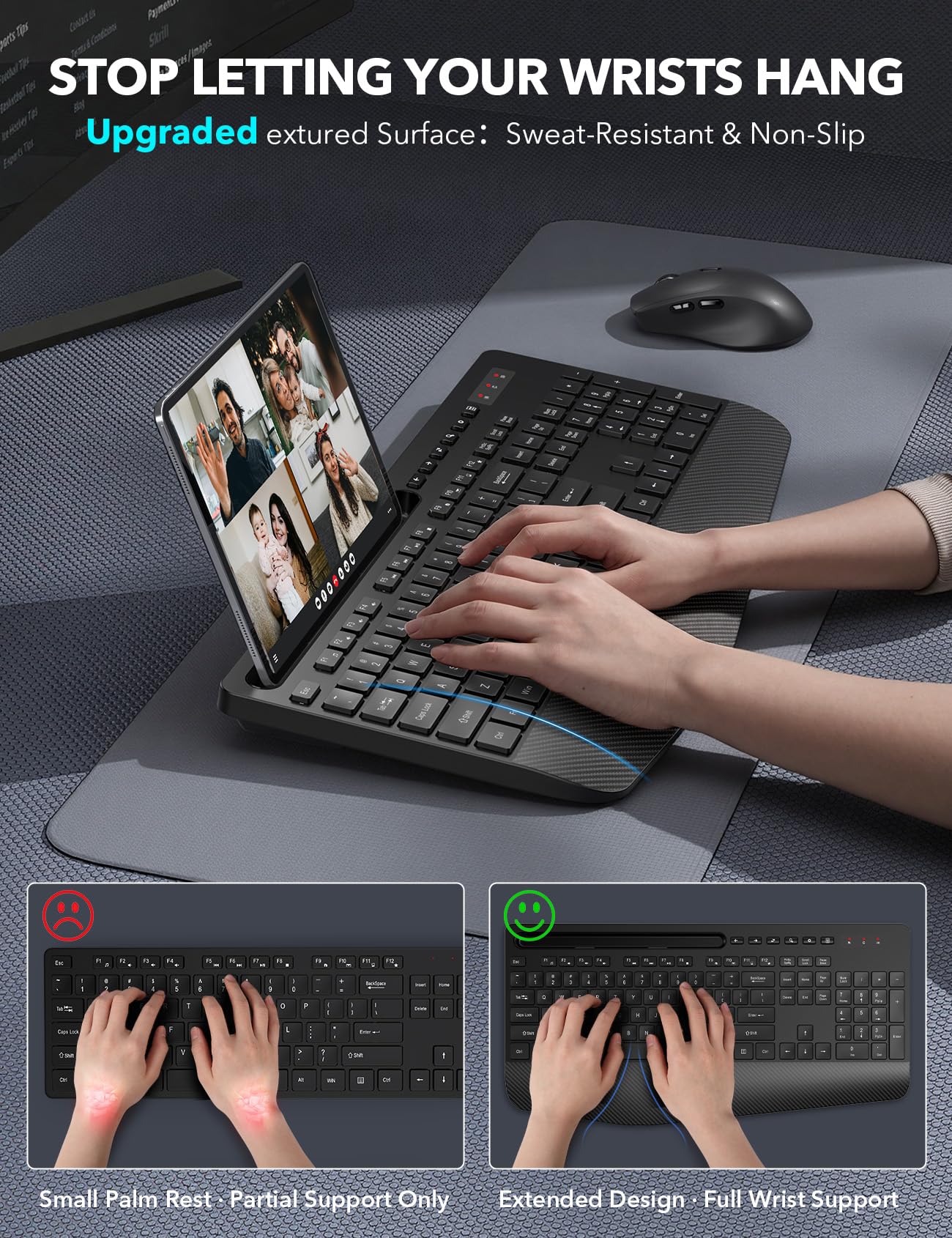 Wireless Keyboard and Mouse Combo - Full-Sized, Ergonomic Wrist Rest