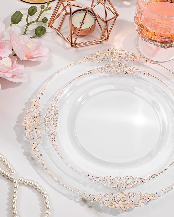 Nervure 350PCS Rose Gold Plastic Plates - Rose Gold Plastic Dinnerware Sets for 50 Guests - 100 Disposable Plates, 150 Silverware, 50 Cups, 50 Napkins for Wedding & Party