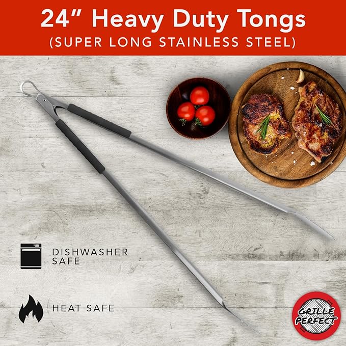 Grill Tongs 24-Inch Super Long Extra Heavy Duty for Grilling and Barbecue Heat Resistant Hand Grips Stainless Steel for BBQ Outdoor Kitchen and Cooking Hot Grilled Food