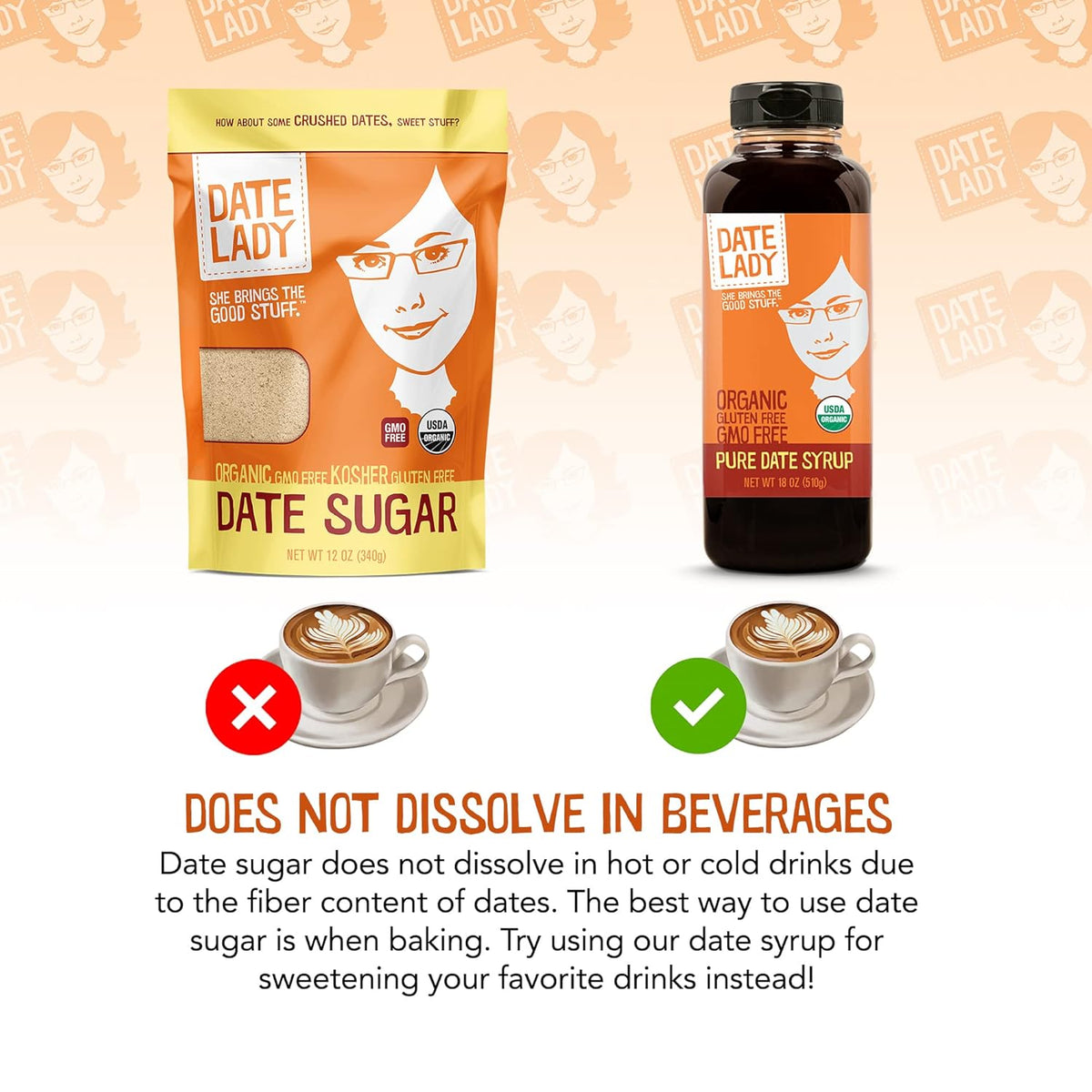 Date Lady Date Sugar, 1 lb, Organic | 100% Whole Food | Vegan, Paleo, Gluten-free & Kosher | Sugar Substitute and Alternative Sweetener for Baking | Will Not Dissolve in Your Coffee (2 Bags)