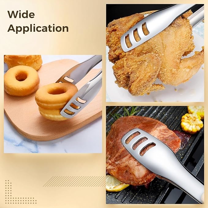 4 Pcs Stainless Steel Tongs for Cooking, Kitchen Food Serving, Buffet Party, 10.6 in/27 cm Locking Utensils with Hollow Head, Food-safe Material