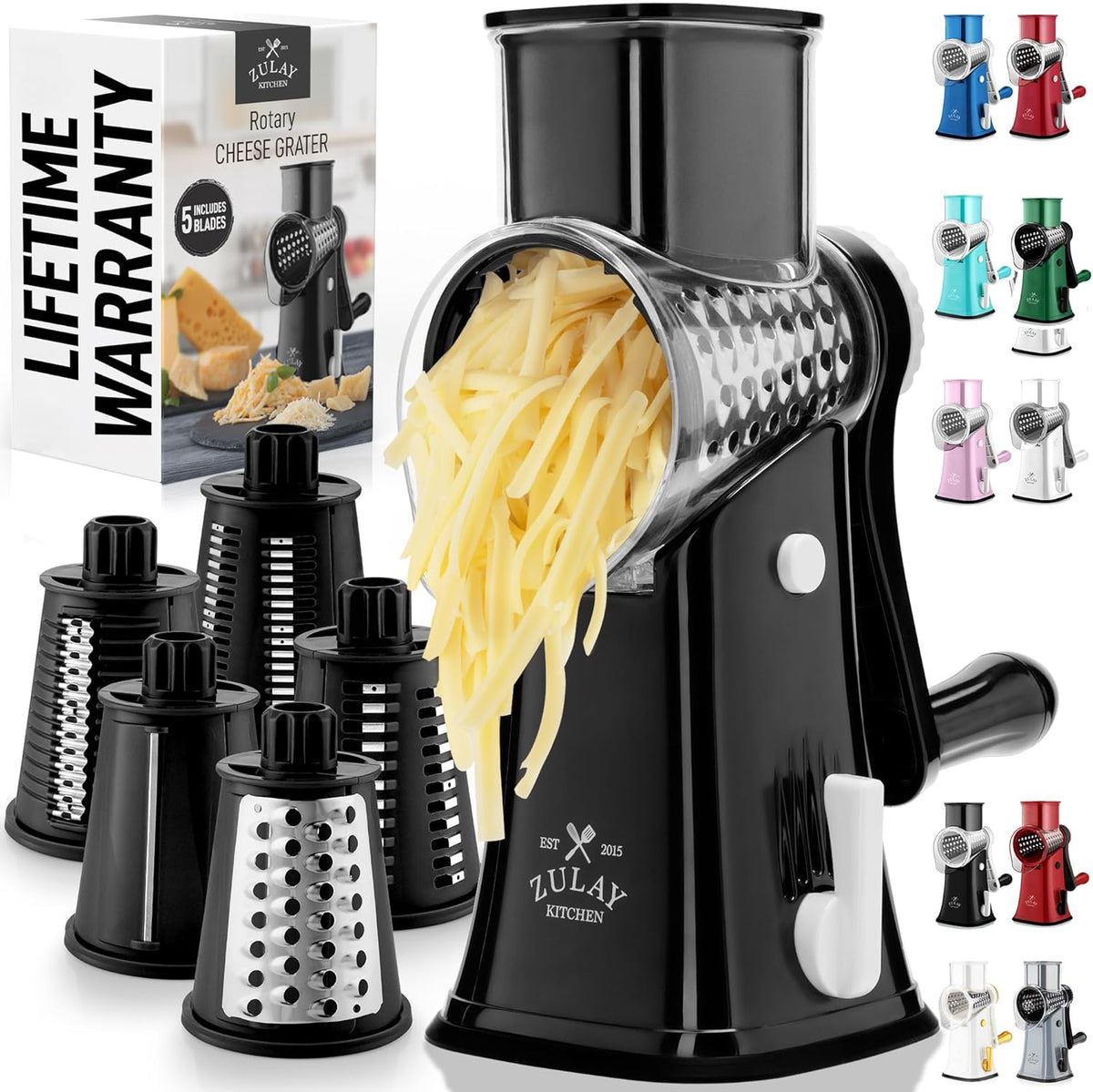 Zulay Kitchen Rotary Cheese Grater 5 Blade Cheese Shredder - Manual Hand Crank Cheese Grater With Reinforced Suction & 5 Interchangeable Drums - Easy to Use, Vegetable Chopper Round Mandoline Slicer