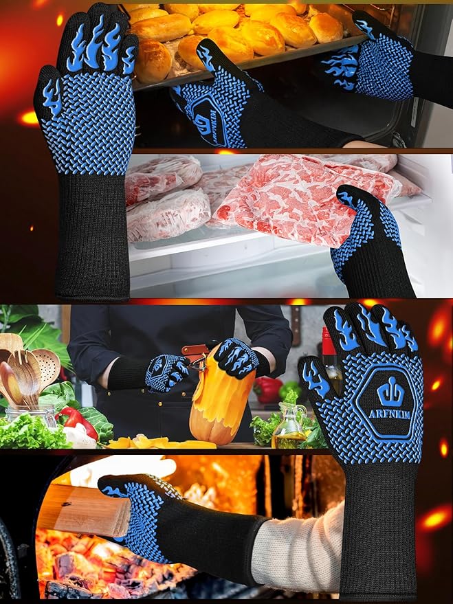 BBQ Oven Gloves, 1472℉ 3-Layers Heat Resistant Oven Mitts Silicone Non-Slip Cooking Gloves for Barbecue, Grilling, Baking, Welding, Smoker (A Pair) (Blue)