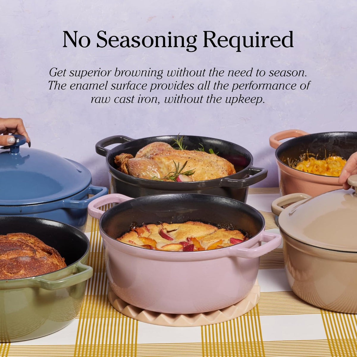 Our Place Cast Iron Perfect Pot | 6-in-1 Multifunctional 5.5 Qt. Toxin-Free Enameled Dutch Oven with Self-Basting Lid | Hot Grips & Beechwood Scraper | Induction Cooktop and Oven Safe | Lavender