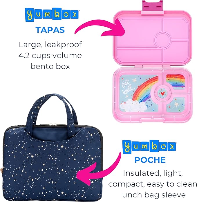 Yumbox Tapas Leakproof Bento Box, Lunch box for women, Teens and Kids, Large size, 4 compartment tray with large section for sandwich, salads plus sides and dip well (Capri Pink - Rainbow)