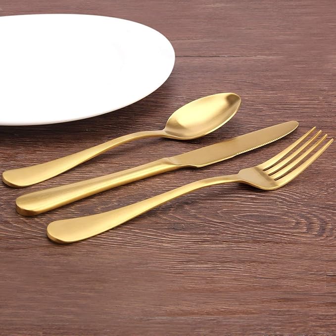 SHARECOOK Satin Finish 40-Piece Stainless Steel Flatware Set, Matte Gold Silverware, Dishwasher Safe