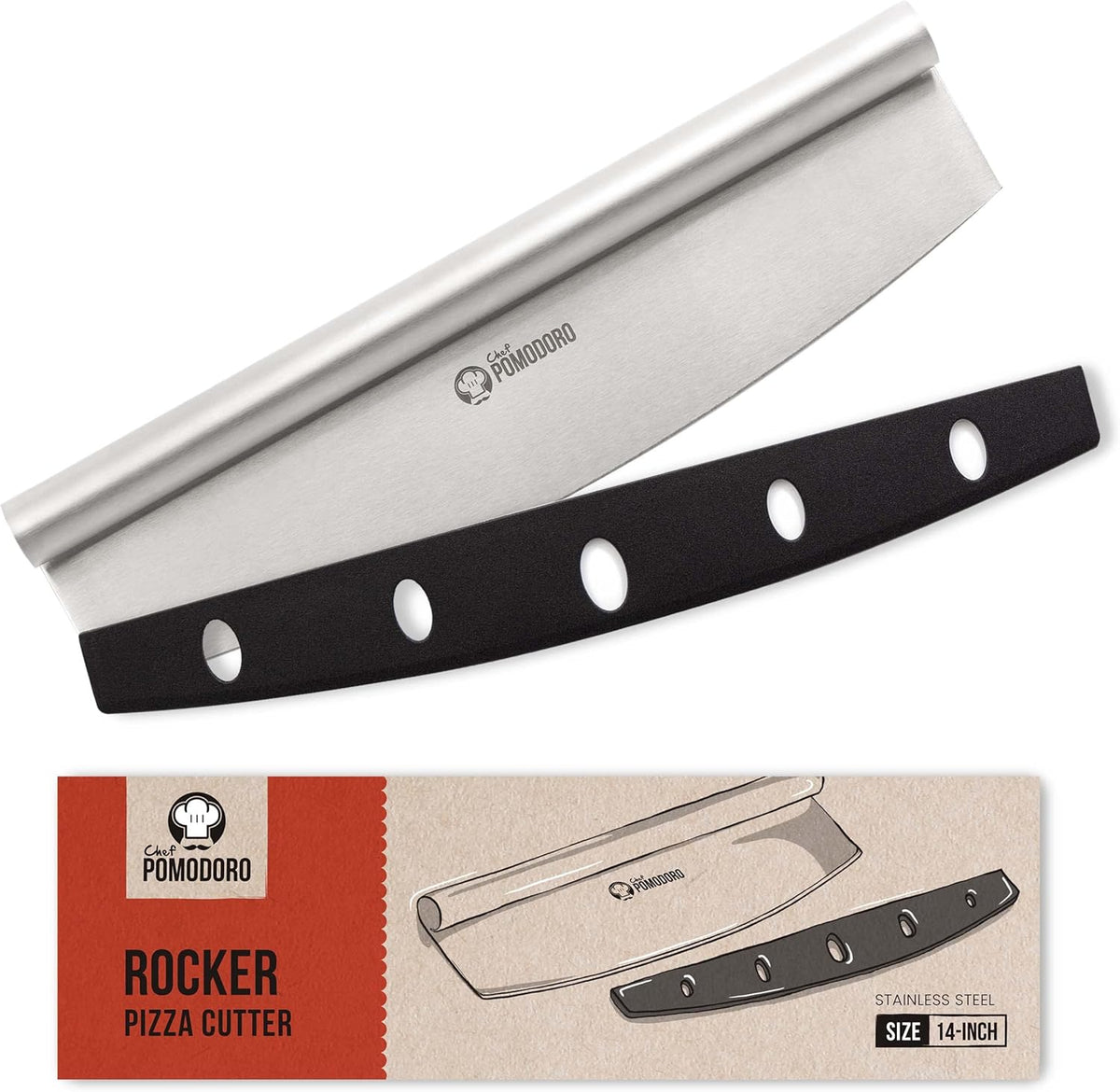 Chef Pomodoro Pizza Cutter Rocker Knife with Protective Cover, Multipurpose 14 Inch Mezzaluna Chopper with Super Sharp Stainless Steel Blade, Blade Cover, Premium Pizza Accessories Dishwasher Safe