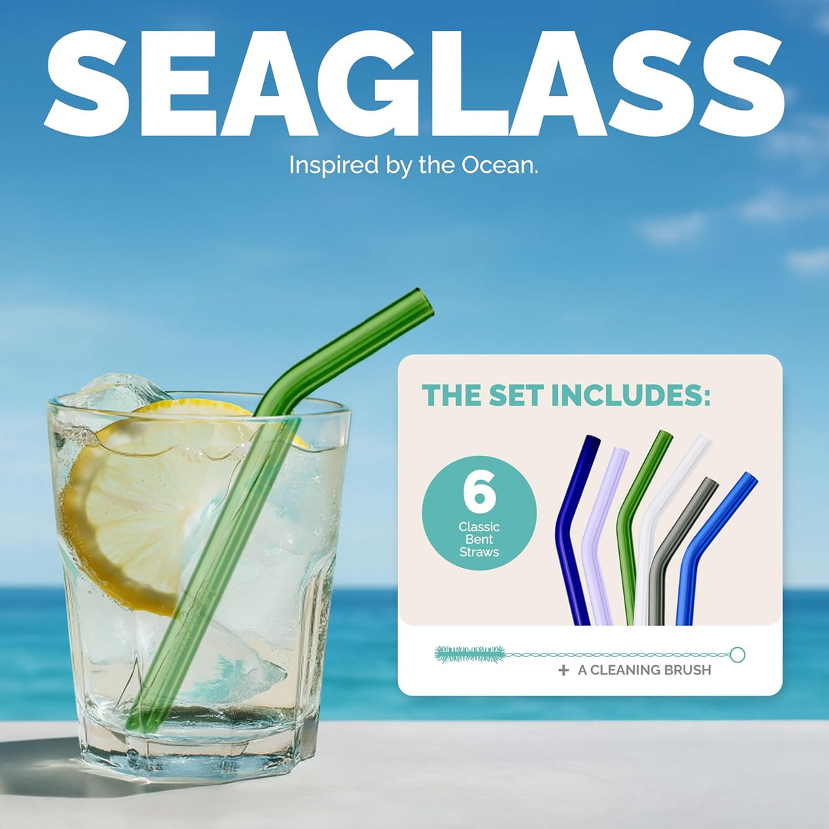 Simply Straws 6 Inch Glass Straws Bent (6-Pack) – Reusable Glass Straws for Low Balls & Stemless Glasses, with Cleaning Brush – Dishwasher Safe, Hot & Cold Use, BPA-Free (Seaglass)