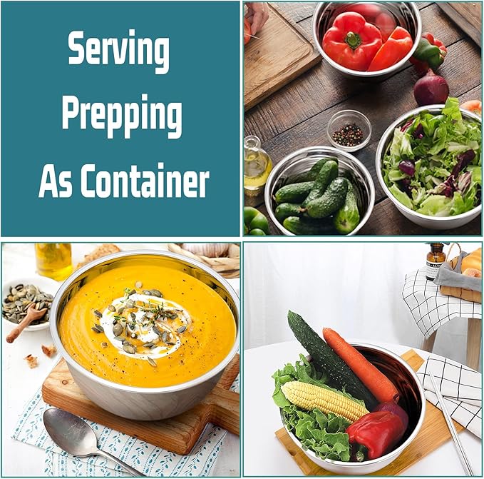P&P CHEF Mixing Bowls With Lids, Set of 6, Stainless Steel Nesting Mixing Bowls & Fitting Lids & Non-Slip Silicone Bottom, Ideal for Mixing, Storing, Size 0.7/1/1.5/2.5/3/4.6 Qt, Blue