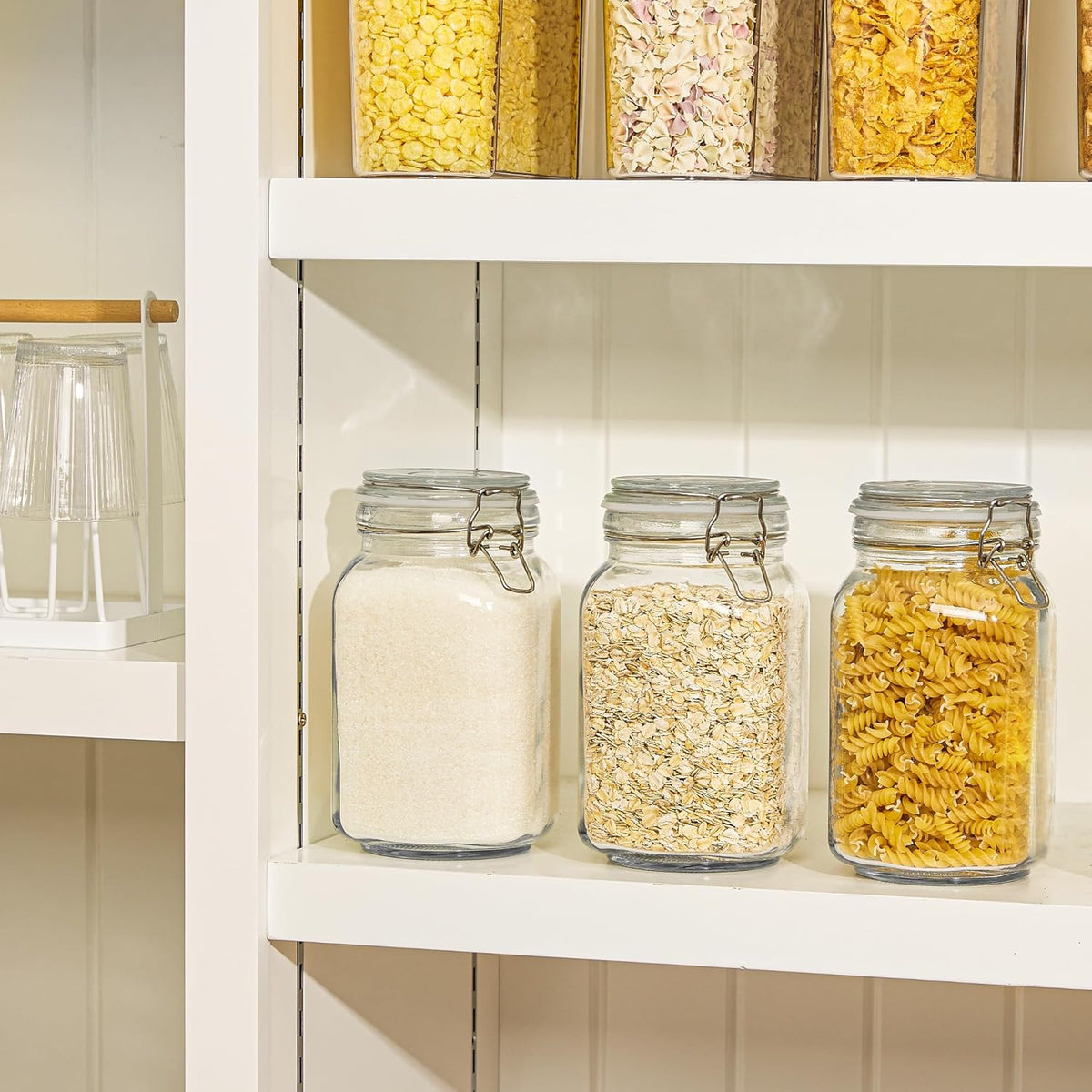 CHEFSTORY 50oz Airtight Glass Jars with Lids, 3 PCS Food Storage Canister for Kitchen & Pantry Organization, Square Mason Jar Containers for Storing Sugar, Flour, Cereal,Coffee,Cookies
