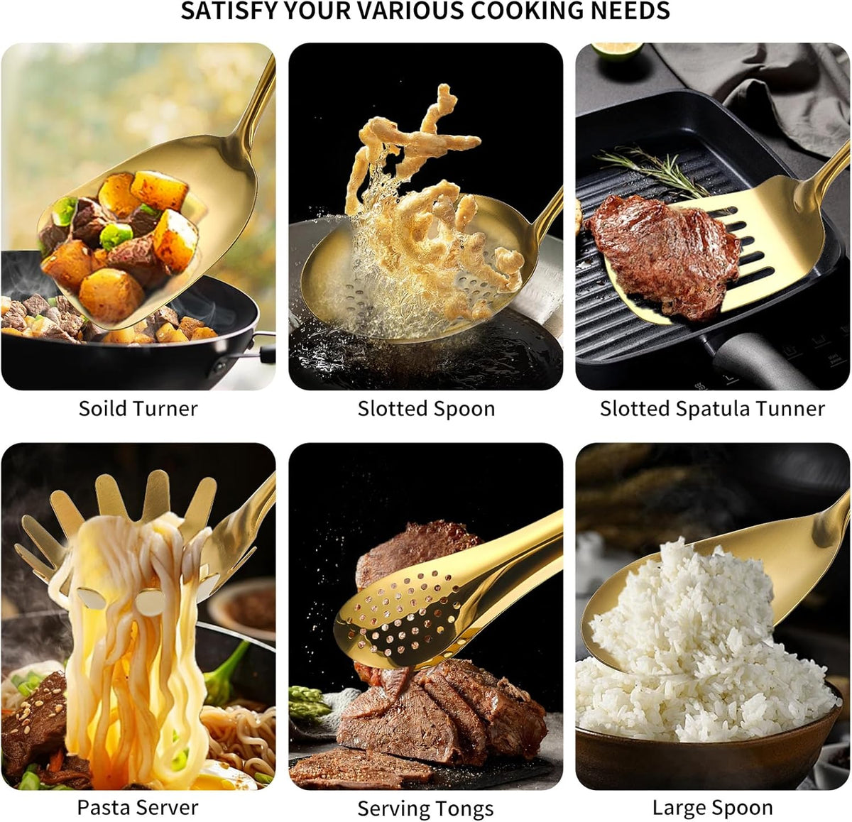 304 Stainlss Steel Matte Kitchen Utensils Set, 12 Pcs Long Metal Cooking Utensil Gadgets Tools Set with Spatula, Ladle, Spoon, Ladle, Skimmer, Tunner, Pasta Server, Tongs(Gold, Dishwasher Safe)