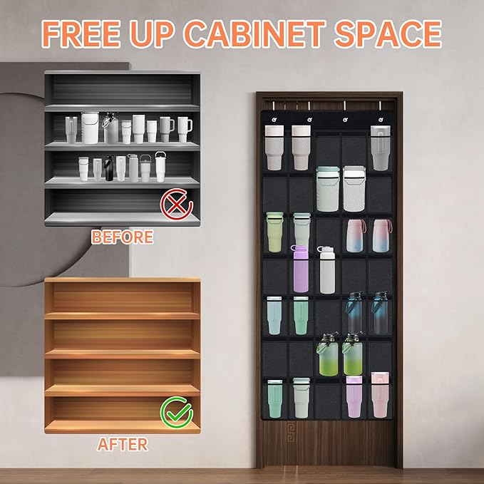 NiHome Multi-Functional 35 Pockets Door Hanging Organizer for Stanley Tumbler in Kitchen, Pantry, Bedroom, Bathroom, Large Capacity Elastic Mesh Secure Storage Cup Holder, Foldable for Home and RV Use