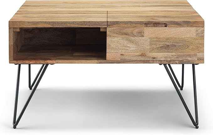 SIMPLIHOME Hunter Lift Top Coffee Table - 32 inch Wide Solid Mango Wood and Metal Industrial Square Cocktail Table in Natural, Living Room Table with Dual Lift Tops, Hidden Storage and Hairpin Legs