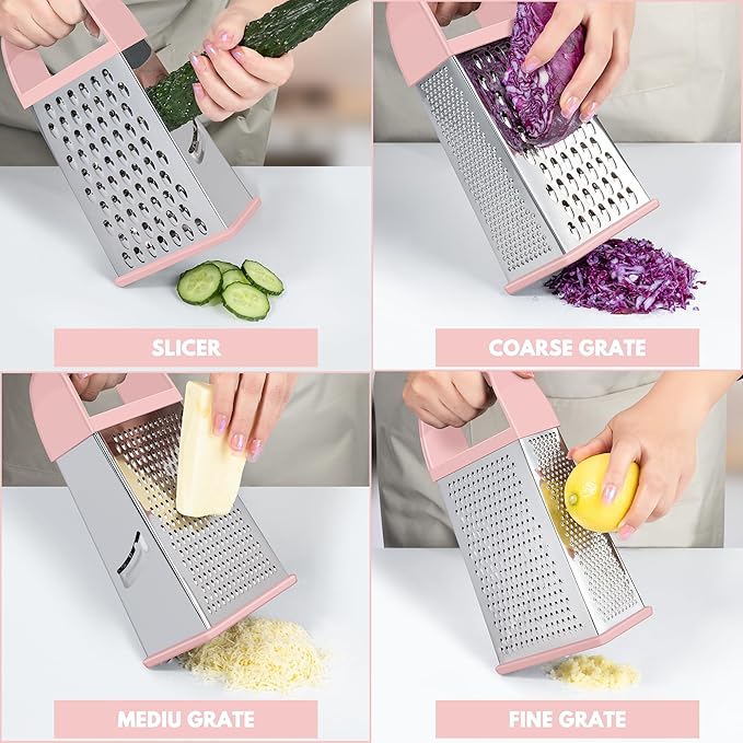Urbanstrive Cheese Grater With Container, Professional Cheese Grater with Handle, Stainless Steel Graters for Kitchen Handheld, Box Grater with 4 Sides for Vegetables, Ginger, Potatoes (Pink)