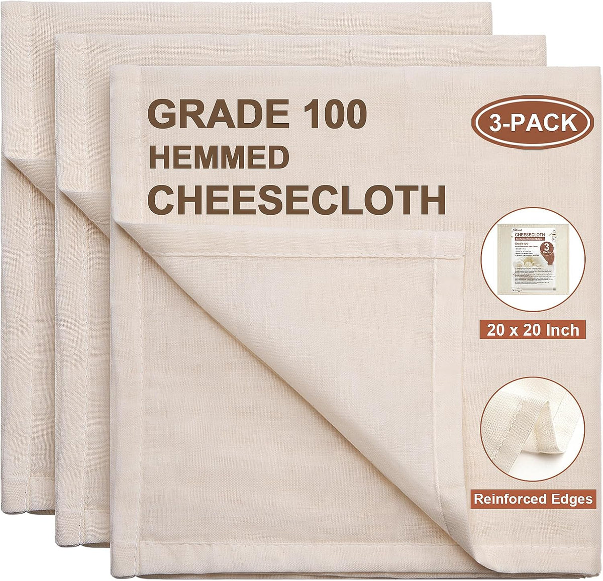 eFond Cheese Cloths | 3-Pack, 20x20Inch Squares with Hemmed Edges | Grade 100 Ultra Fine Reusable Cheesecloth for Straining | Unbleached Cotton Muslin Cloths | For Nut Milk, Butter, Baking & Cooking