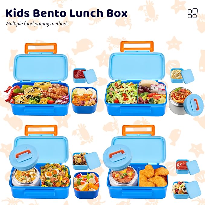 Lunch Box for Kids With 8oz Soup Thermo, Leak-proof Lunch Container with 2 Compartments, Thermo Food Jar Food Containers for Back to School Girls Boys (Blue)