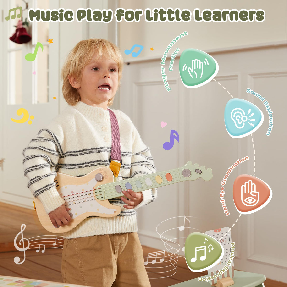 FReniland Electric Guitar Toy for Kids – Rock Style Musical Guitar with Real Strings, Pressable Buttons & Sound Effects, Musical Instrument for Toddlers Boys Girls Ages 3–6