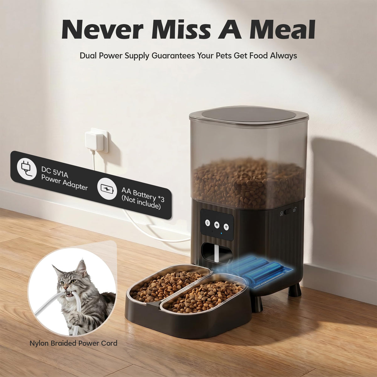 PEYAKO Automatic Cat Feeder, WiFi Cat Food Dispenser with App Control, Smart Dry Pet Food Feeder, 1–10 Meals Per Day, Voice Recording & Stainless Steel Dual-Bowl for Small Pets Indoor(4.5L, Black)