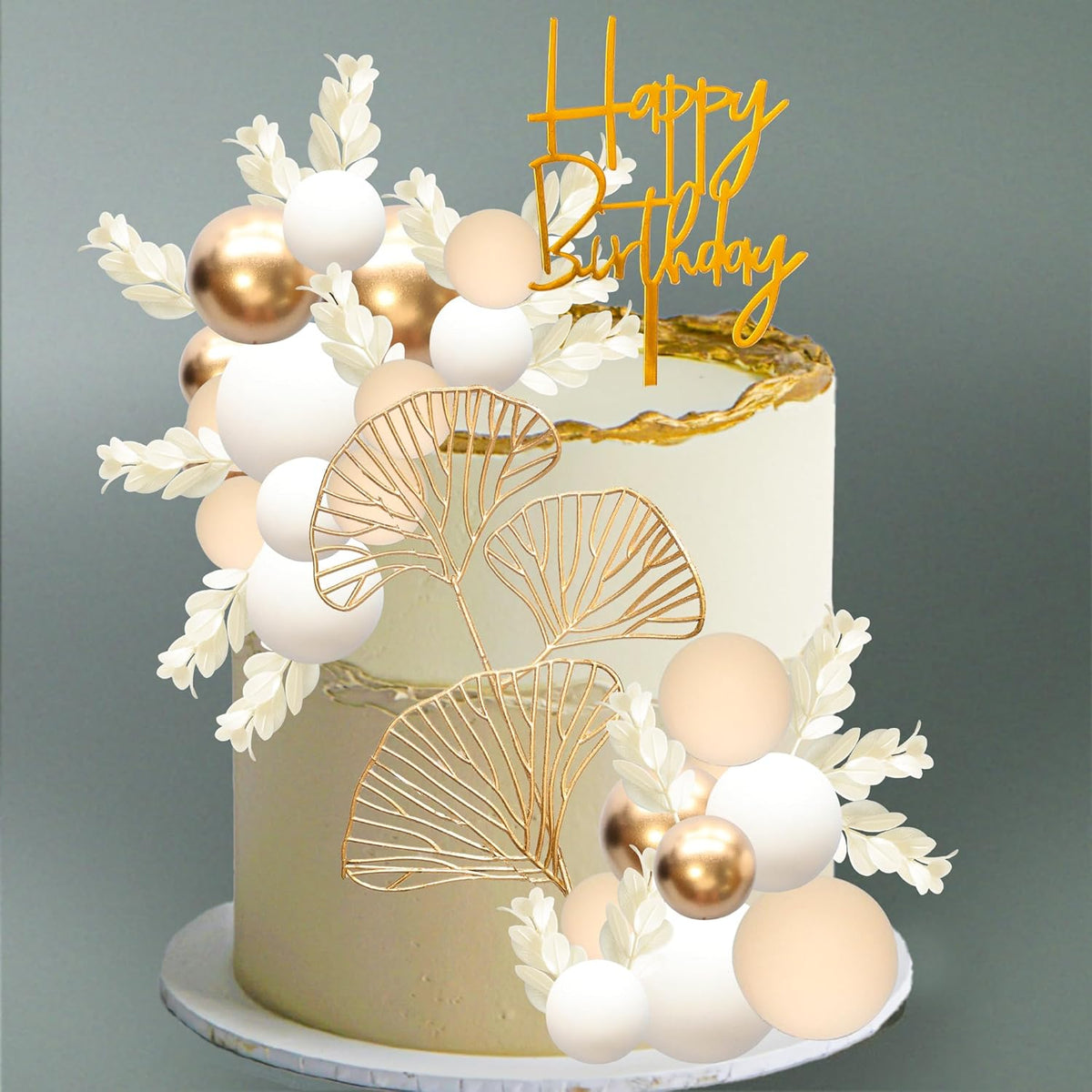 Gyufise 57Pcs Khaki Balls Cake Topper Boho Grass Cake topper Pearl Balls Acrylic Happy Birthday Cake Decorations for Wedding Baby Shower Birthday Boho Themed Party Supplies Khaki White Gold