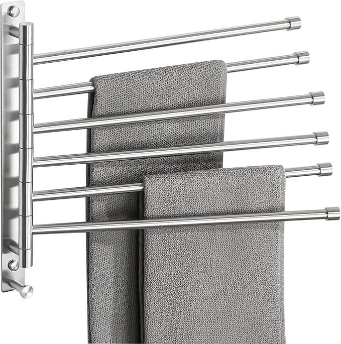 Alise Swivel Towel Rack, SUS304 Stainless Steel 6 Arms Towel Bar, Space Saving Swing Out Towel Bar with Hook, Towel Racks Wall Mounted for Bathroom, Brushed Nickel