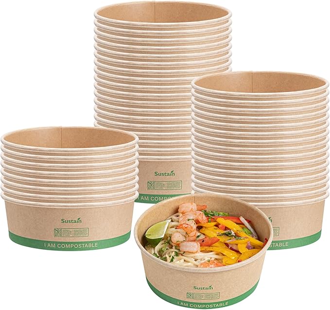 Restaurantware Paper Food Containers 200 Pack Of 25 oz Disposable Round Kraft Salad Bowls BPI-Certified Compostable Stackable Greaseproof Meal Prep Take Out Containers For Soups, Snacks And Desserts
