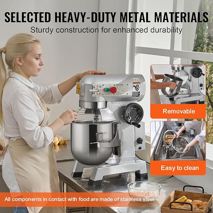 VEVOR Commercial Food Mixer, 15Qt Capacity with Timer, 500W Stainless Bowl Durable Electric Mixer for Commercial Use, 3 Speed Options 113/184/341 RPM, Includes Dough Hook & Whisk