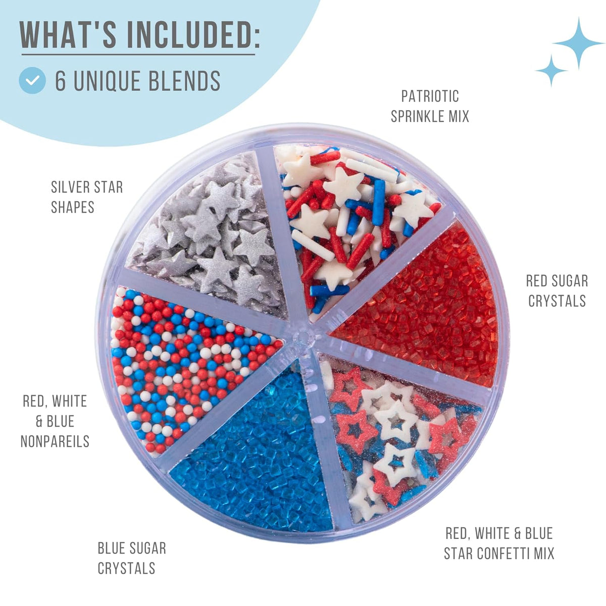 Sweets Indeed Sprinkles 6 Cell Edible Sprinkle Mix Jimmies Perfect for Cake Decorations Baking Ice Cream Cookies Cupcake Topper (Patriotic)