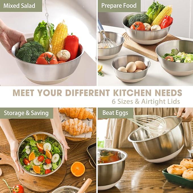 Umite Chef Mixing Bowls with Airtight Lids, 6 piece Stainless Steel Metal Nesting Storage Bowls, Non-Slip Bottoms Size 7, 3.5, 2.5, 2.0,1.5, 1QT, Great for Mixing & Serving (Khaki)