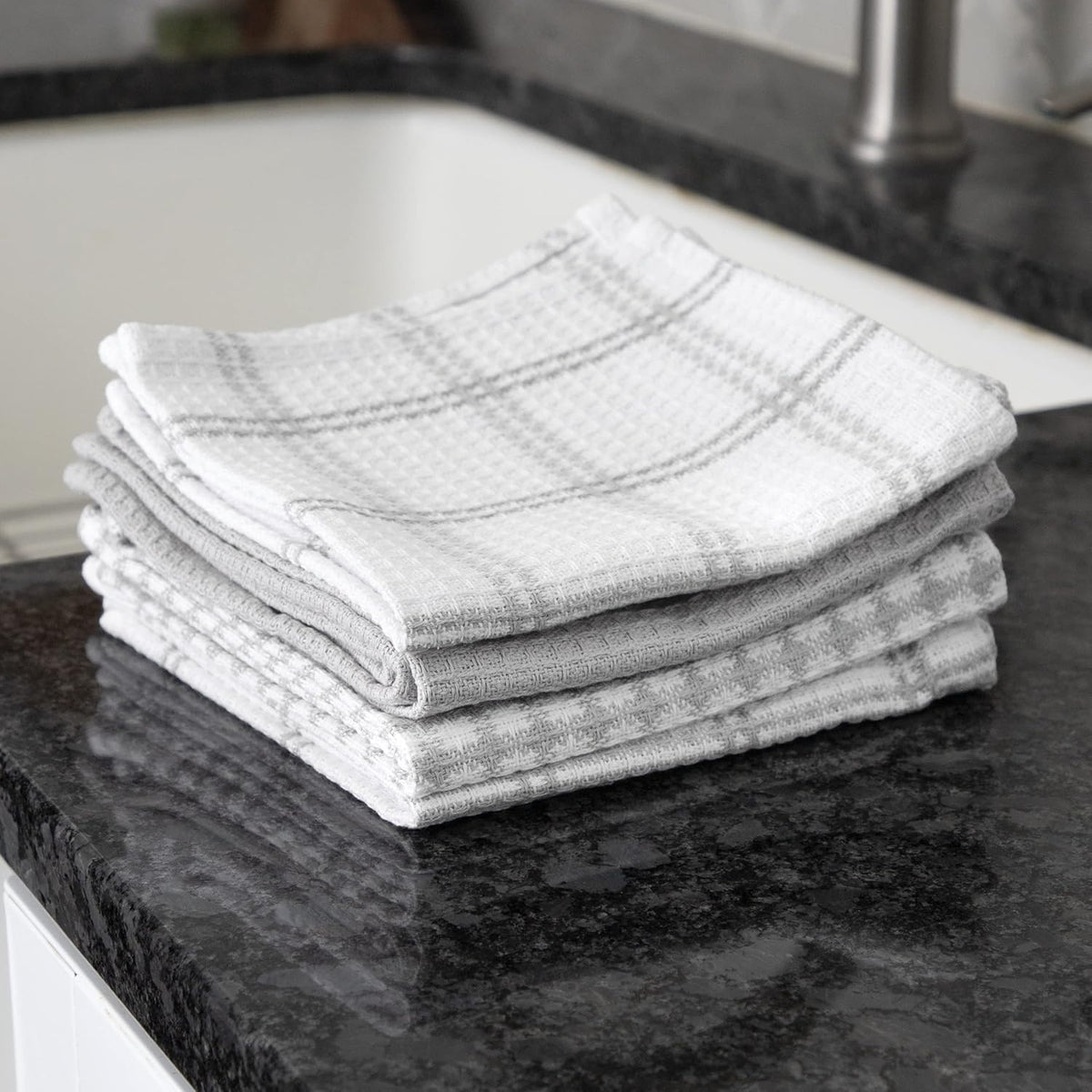 T-FAL Premium Waffle Dish Cloths: Highly Absorbent, Super Soft Long Lasting - 100% Cotton, 12"x13" Flat Waffle Dish Towel for Cleaning & Drying Dishes, (4-Pack), Grey