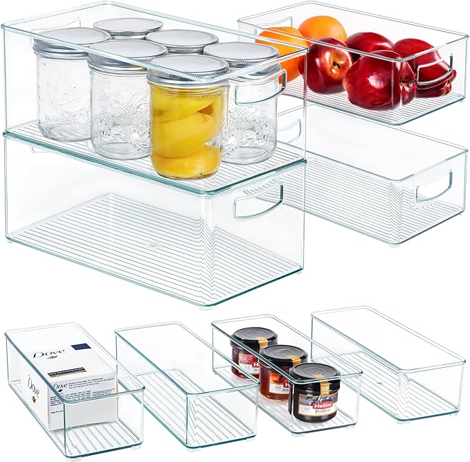 Hudgan 8 PACK Stackable Pantry Organizer Bins (3 sizes) - Clear Fridge Organizers for Kitchen, Freezer, Countertops, Cabinets - Plastic Food Storage Container with Handles for Home and Office