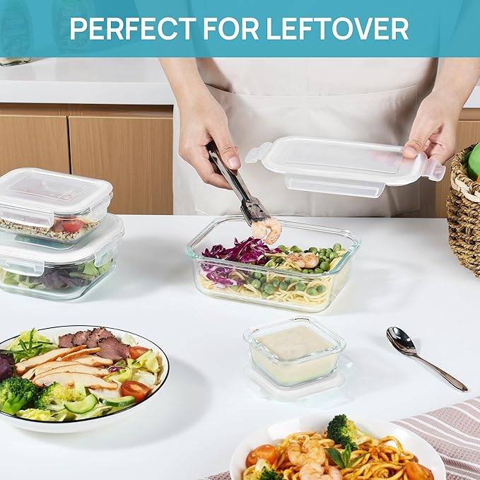 Vtopmart 8 Pack Glass Food Storage Containers with Airtight Lids, Glass Meal Prep Containers, Lunch Office Meal for Microwave, Oven, Freezer and Dishwasher, BPA Free