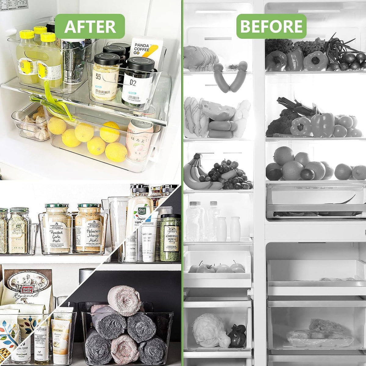 Plastic Storage Bins, Large - 4 Pack, Fridge Storage Containers, Clear Plastic Bins For Fridge, BPA-Free Clear Storage Bins for Fridge, Freezer, Cabinet, Kitchen, Pantry 11 x 8 x 5 inch