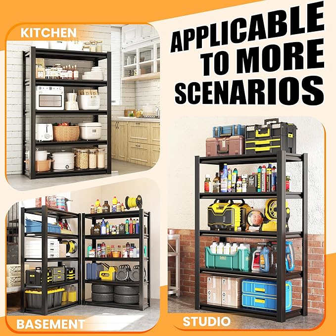 62" H Garage Shelving, Heavy Duty Storage Shelves, Garage Storage Shelves, Adjustable 5 Tier Metal Shelving Unit, Utility Shelves for Warehouse Backyard, 62" H×27.6" W×12" D