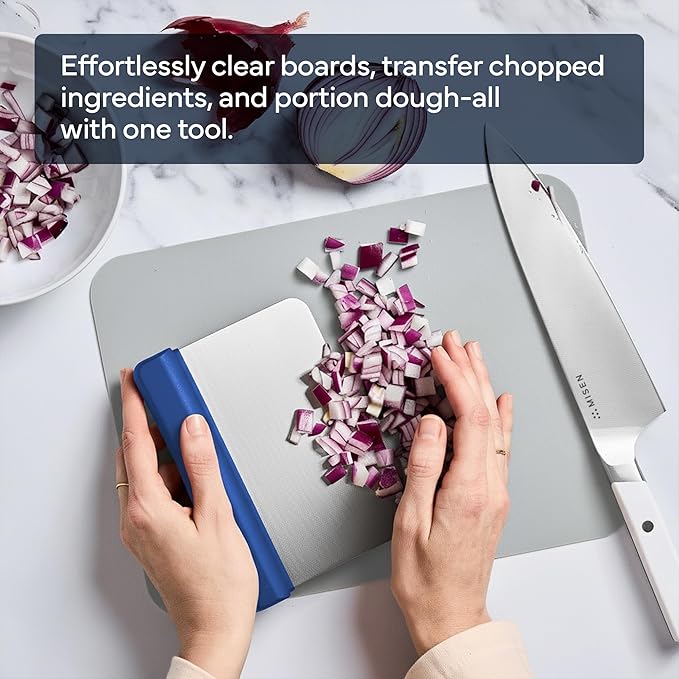 Misen Stainless Steel Bench Scraper - Versatile Food Scraper with Walnut Handle - Ideal for Kitchen, Pastry & Dough - Durable Cutting Board Scraper Tool for Effortless Transfer into Pots & Pans - Blue