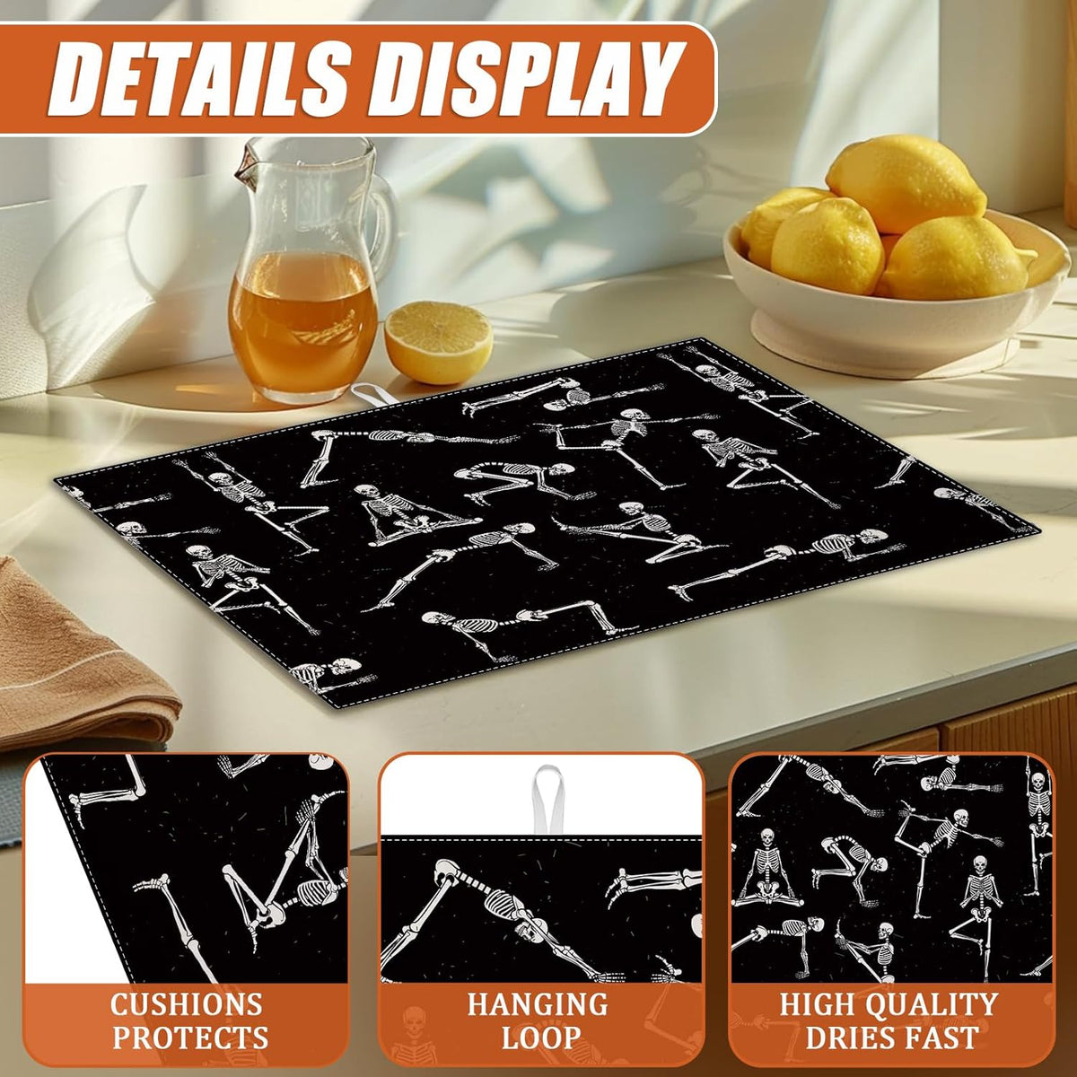 Funny Skull Yoga Dish Drying Mat for Kitchen Counter Microfiber Absorbent Dish Kitchen Drying Mat Draining Reusable Washable for Dishes/Utensils/Counterto
