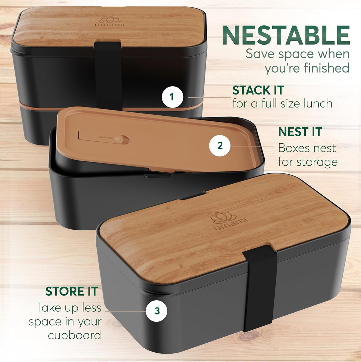 Umami Premium Lunch Box Containers w/ 4 Utensils, 2 Sauce Jars, Nestable Space-Saving Bento Box Adult, 100% Leakproof, Microwavable Lunch Containers for Adults, Cherry Black, 50 oz