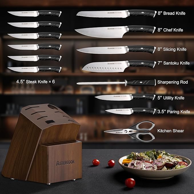 Astercook Kitchen Knife Set, 15 Piece Knife Block Sets with German 1.4116 Steel Sharper and Rust Proof, Full Tang Knives Set with Ergonomic Nylon Handle, Dishwasher Safe Black