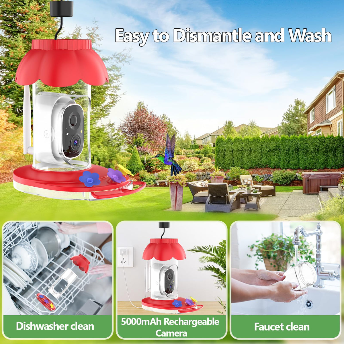 Smart Hummingbird Feeder with Camera Solar Powered, 2K Live View Humming Bird Watching Camera, AI Identify, Instant Notifications, Ant and Bee Proof, 3 Color Feeding Ports,Hanging on Porch Patio