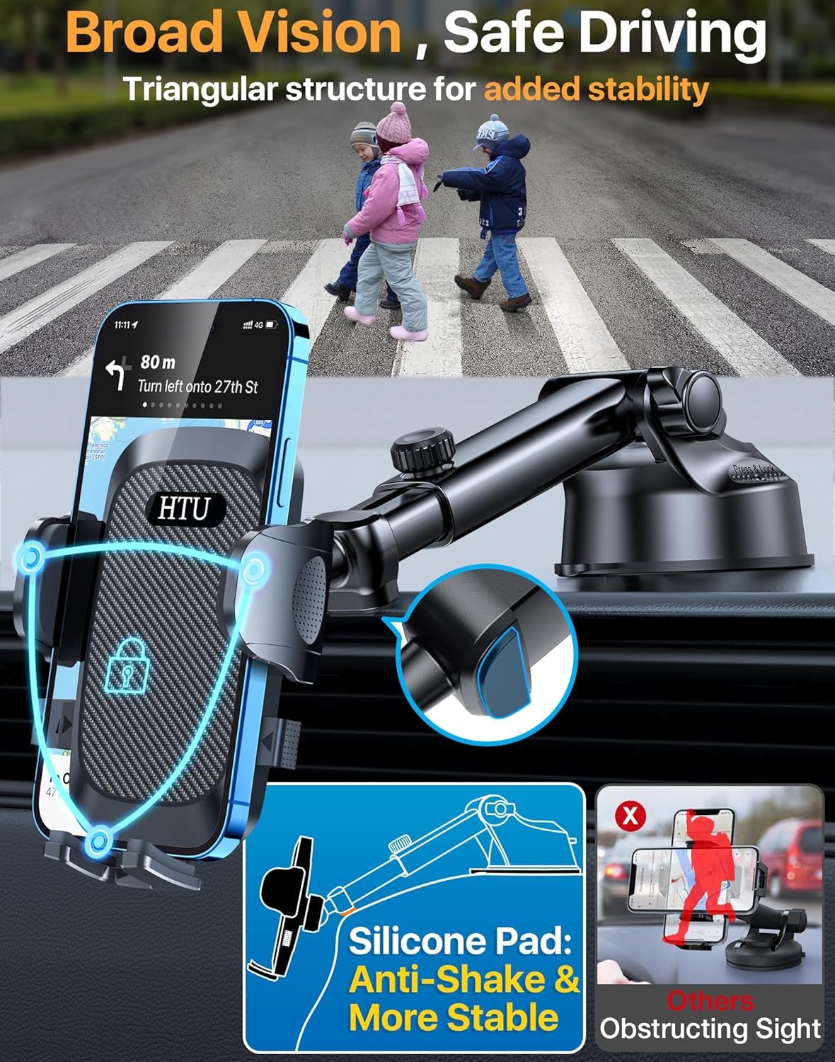 HTU Car Phone Holder【2026 Upgraded 100+LBS Suction & Safety Cert】 Cell Phone Car Mount for Truck Heavy Duty Phone Holder for Dashboard/Windshield/Vent for iPhone 17 16 Pro Max, Dark Black