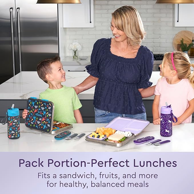 Bentgo Kids Stainless Steel Prints Leak-Resistant Lunch Box - 3-Compartments with Bonus Silicone Container, Durable, Eco-Friendly, Dishwasher Safe, BPA-Free, Ideal for School, Ages 3+ (Unicorn)