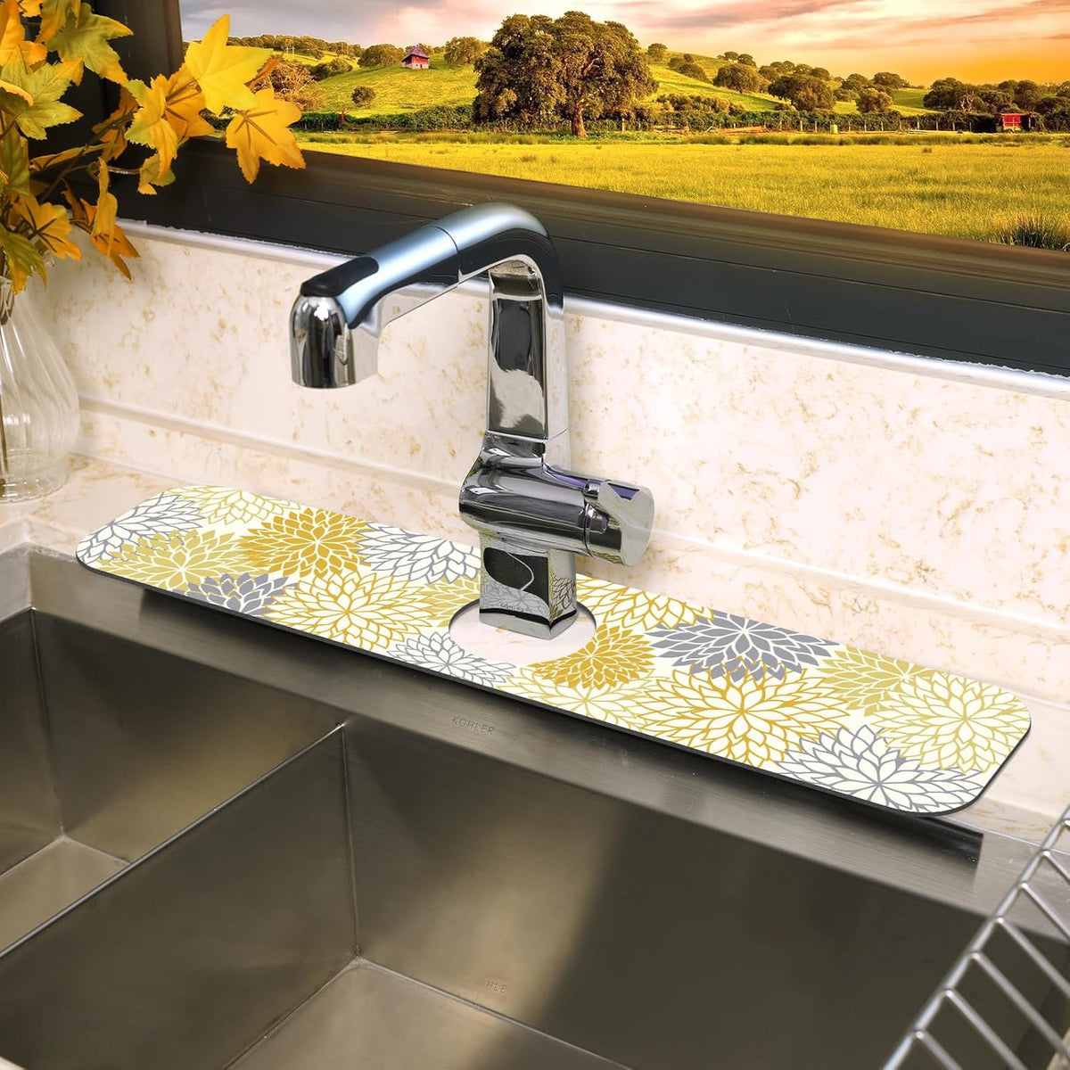 Findosom 2PCS 12" x 20" Dish Drying Mat & 24" x 5.5" Sink Splash Guard, Super Absorbent & Cuttable Dish Mat Drying Kitchen Mat with Yellow Floral, Hide Stain Drying Mat for Kitchen Counter