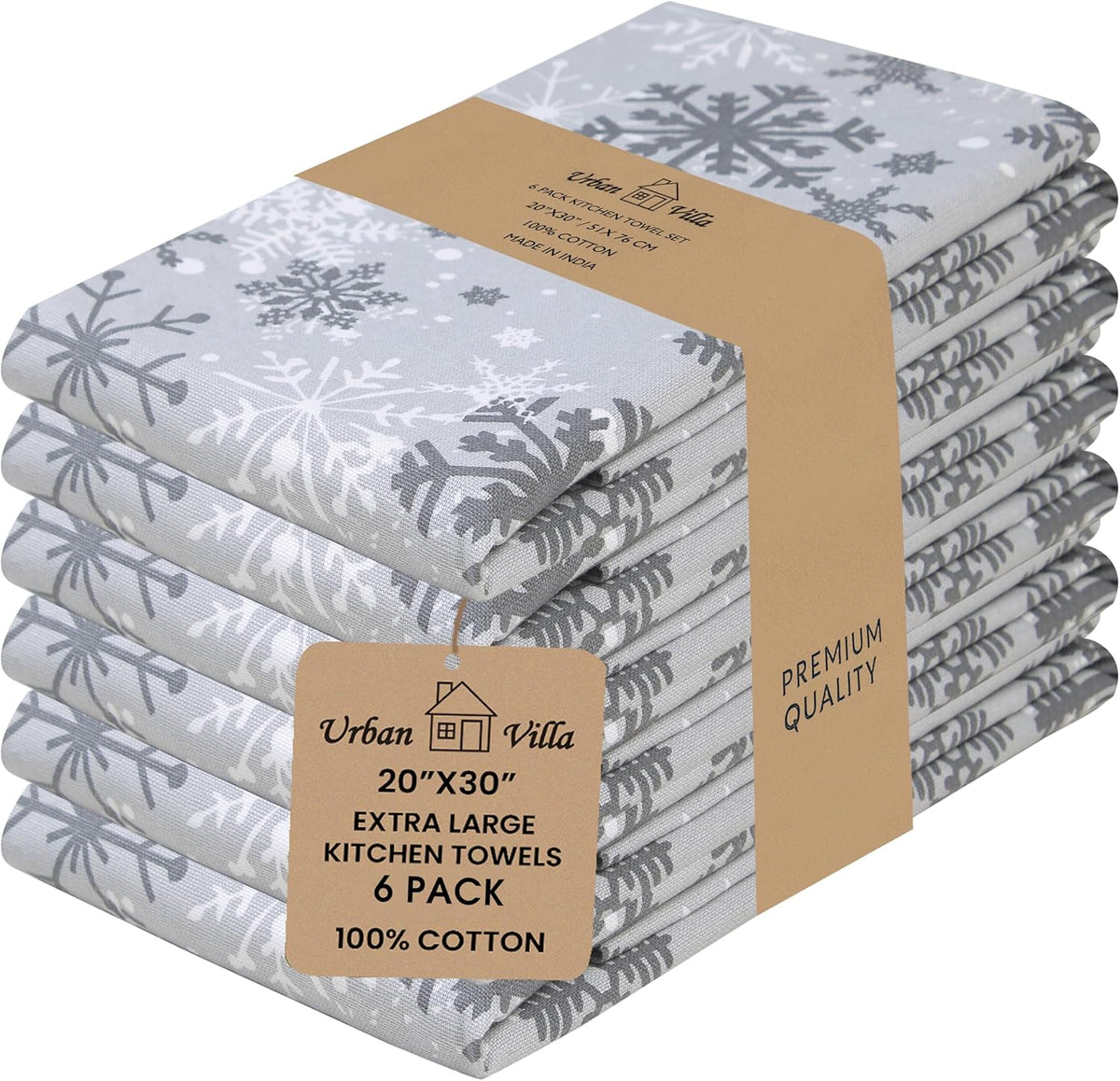 Urban Villa Christmas Kitchen Towels Grey Snowflake Print Premium Quality 100% Cotton Dish Towels Mitered Corners Over Sized 20X30 Inches Set of 6 Highly Absorbent Kitchen Towels with Hanging Loop