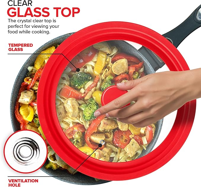 Modern Innovations Universal Lids (Set of 2) Fits 7 to 12-Inch Cookware, Silicone Replacement Pan Lid, Glass Top Covers for Skillets, Pots, Frying Pans, Cast Iron - Red