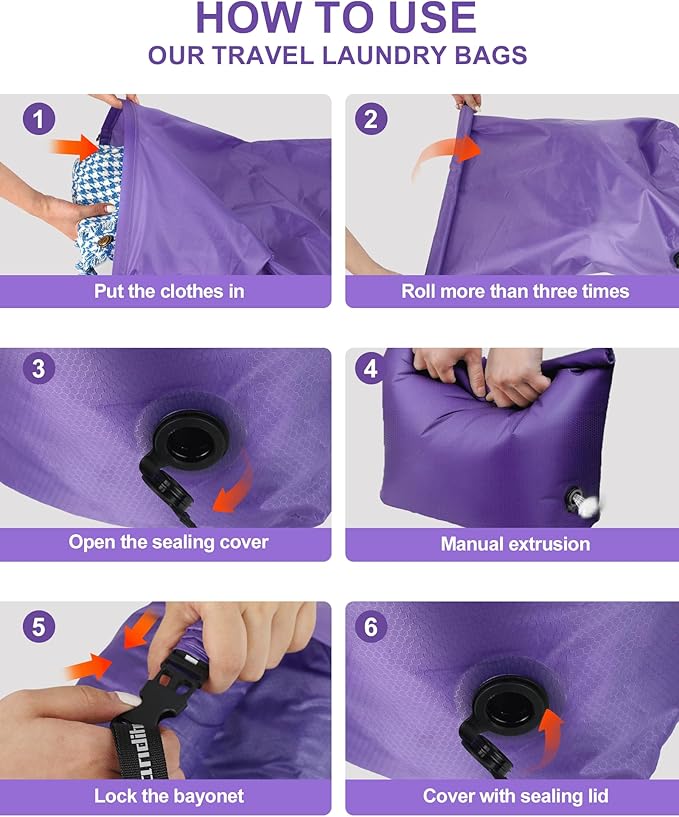 Travel Laundry Bag, Pump Free Vacuum Storage Bag Reusable Compression Dirty Clothes Travel Bag Waterproof Wet Dry Bags Large Capacity Space Saver Bags Camp Clothes Organizer (1 Pcs)(Purple, L)