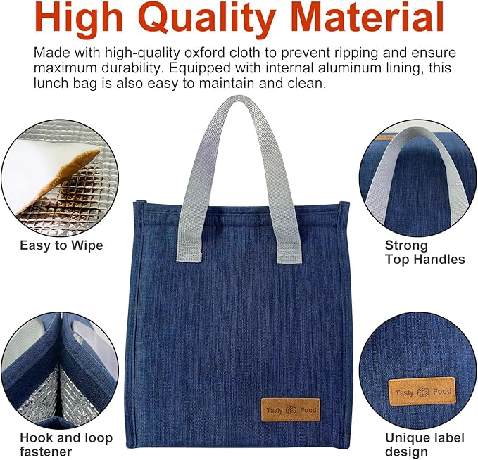 Mziart Dark Blue Oxford Cloth Lunch Bag, 8.86L x 5.12W x 10H, 2 Gallon Capacity, Insulated Aluminum Foil Interior, Leakproof and Lightweight