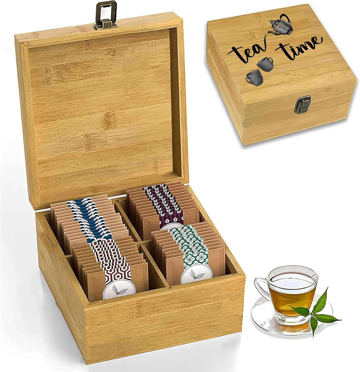 Bamboo Tea Organizer Box Chemical Free Eco-Friendly Big, Tall, Adjustable Cubbies Natural Wooden Storage Chest (4-Slot Square 7.4" x 8.1" x 4.2" Tea Time)