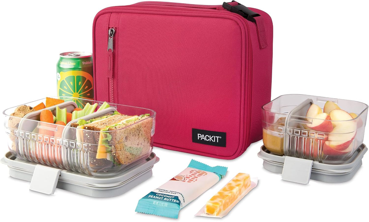 PackIt Freezable Classic Lunch Box, Magenta, Built with ECOFREEZE Technology, Collapsible, Reusable, Zip Closure With Zip Front Pocket and Buckle Handle, Designed for Fresh Lunch On the Go