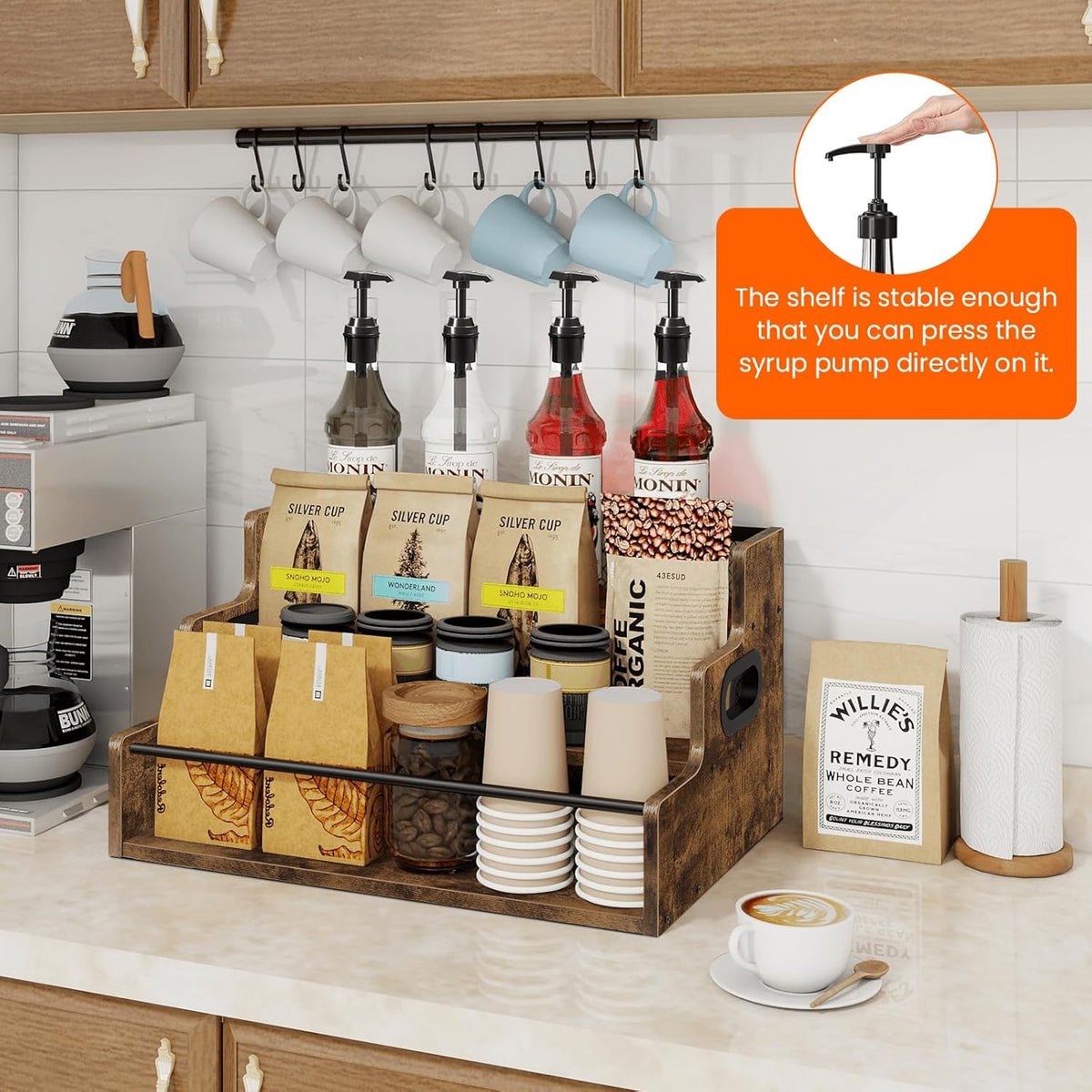 Homode Liquor Bottle Display Shelf, 3 Step Coffee Syrup Rack Organizer, Countertop Liquor Wine Rack, Mini bar, Liquor Cabinet, Home Retro Bar Shelf Stand for Whiskey Alcohol Drink