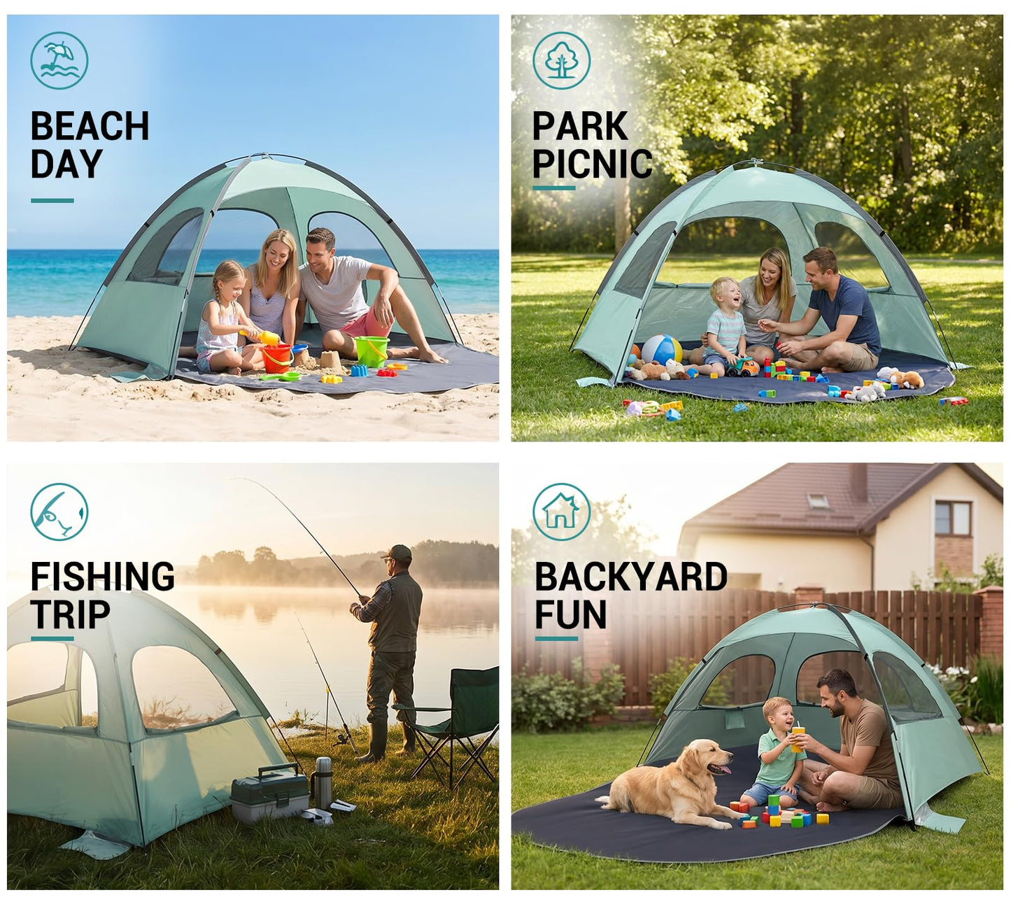 WhiteFang Beach Tent Anti-UV Portable Sun Shade Shelter for 3 Person, Extendable Floor with 3 Ventilating Mesh Windows Plus Carrying Bag, Stakes and Guy Lines (Mint Green)