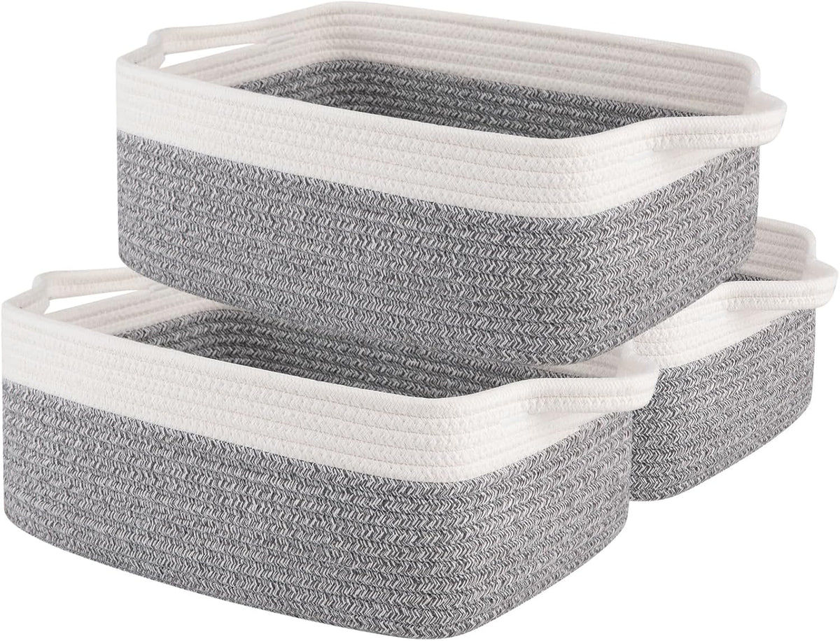OIAHOMY 3 Pack Storage Baskets for Organizing, Woven Cotton Rope Basket for Shelves, Closet Organizer Bins with Handles, Rectangle Toy Organization, 13.78''×9.84''×5.5'', Grey & White